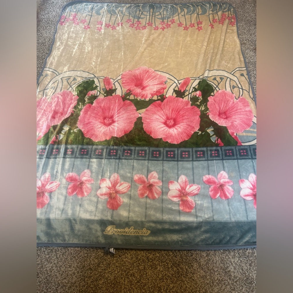Large Vintage Providencia Floral Blanket Blue Pink 85inx65in Made In Mexico
